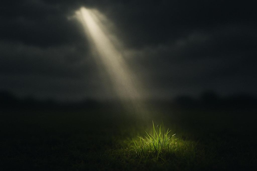 A dramatic photo of a single sunbeam breaking through dark clouds and illuminating a small patch of vibrant green grass in an otherwise dark field.