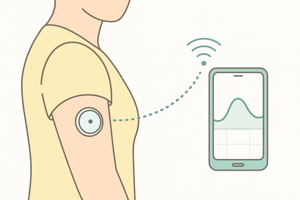 An illustration showing a CGM (Continuous Glucose Monitor) attached to a person's upper arm, wirelessly transmitting data via dotted lines to a smartphone display. The smartphone shows a continuous glucose trend graph.
