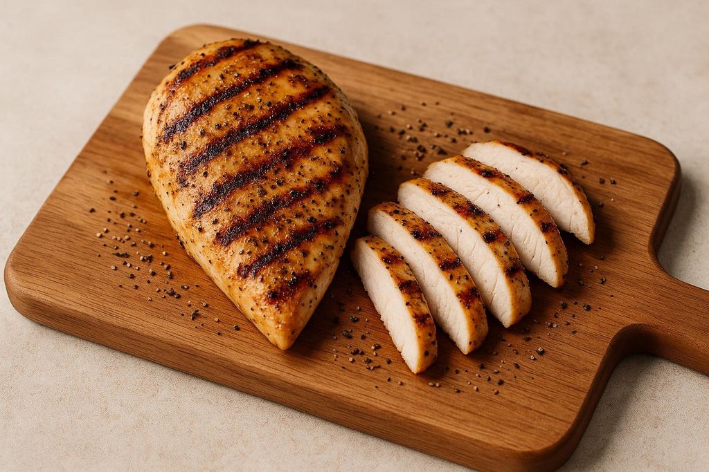 A perfectly grilled chicken breast, seasoned with pepper and grill marks, partially sliced into five pieces on a wooden cutting board.