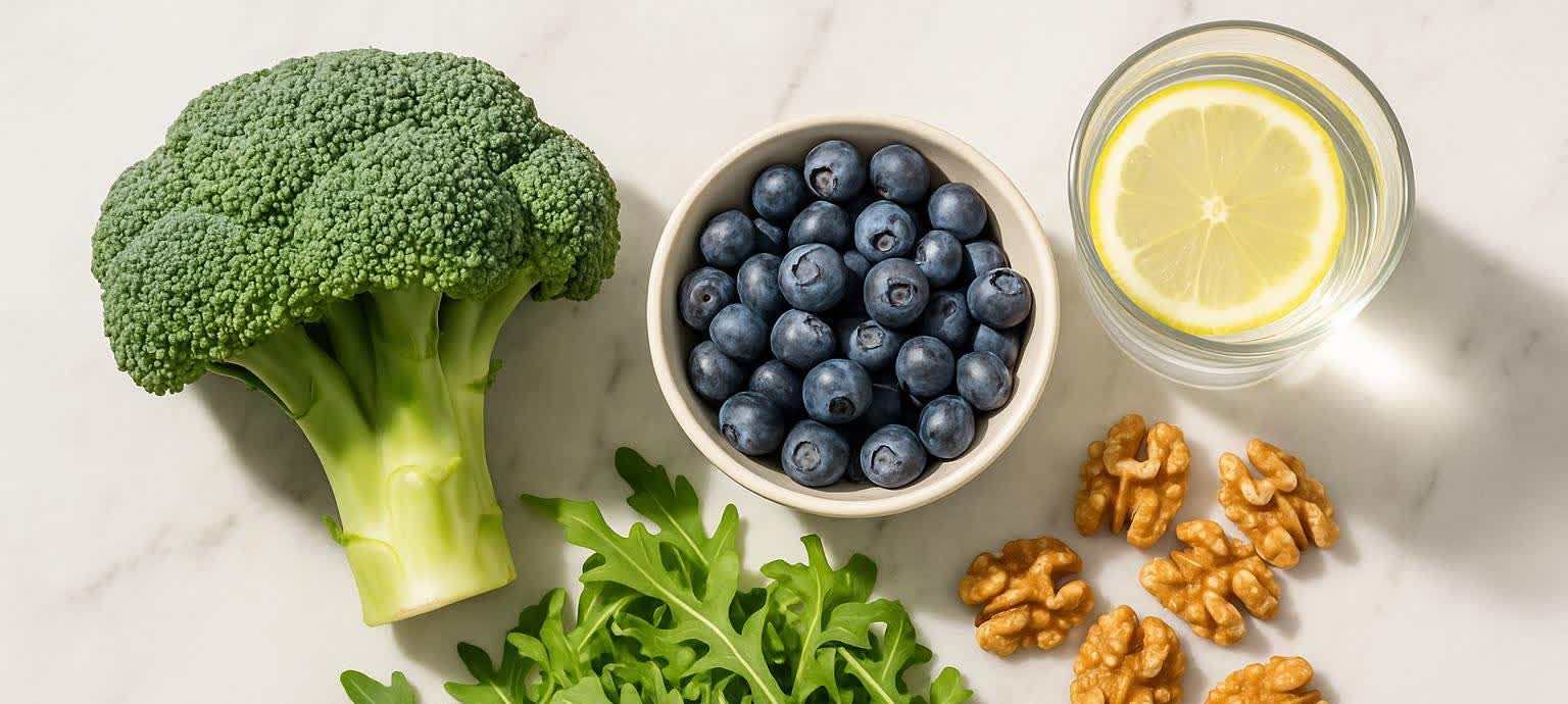 An overhead view of healthy detox ingredients arranged on a white marble surface, including a head of broccoli, a bowl of blueberries, a bunch of arugula, several walnuts, and a glass of water with a lemon slice.