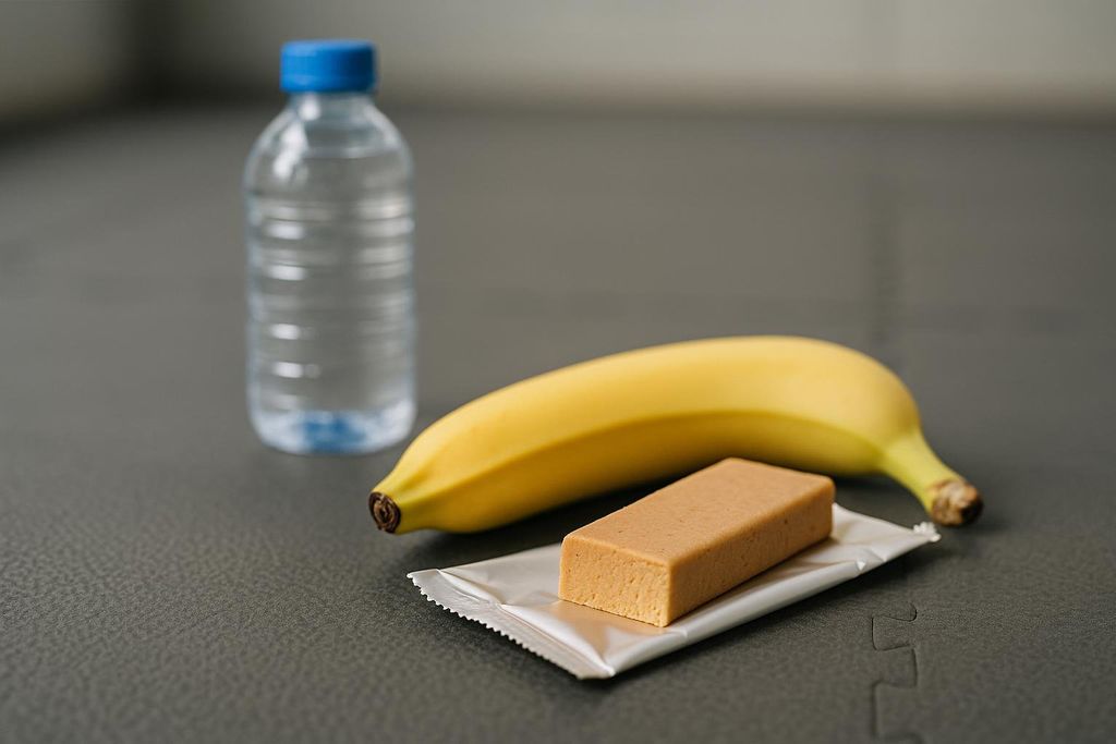 A post-workout snack consisting of a light brown protein bar on its wrapper, a ripe yellow banana, and a plastic bottle of water with a blue cap, all resting on a dark gray mat.