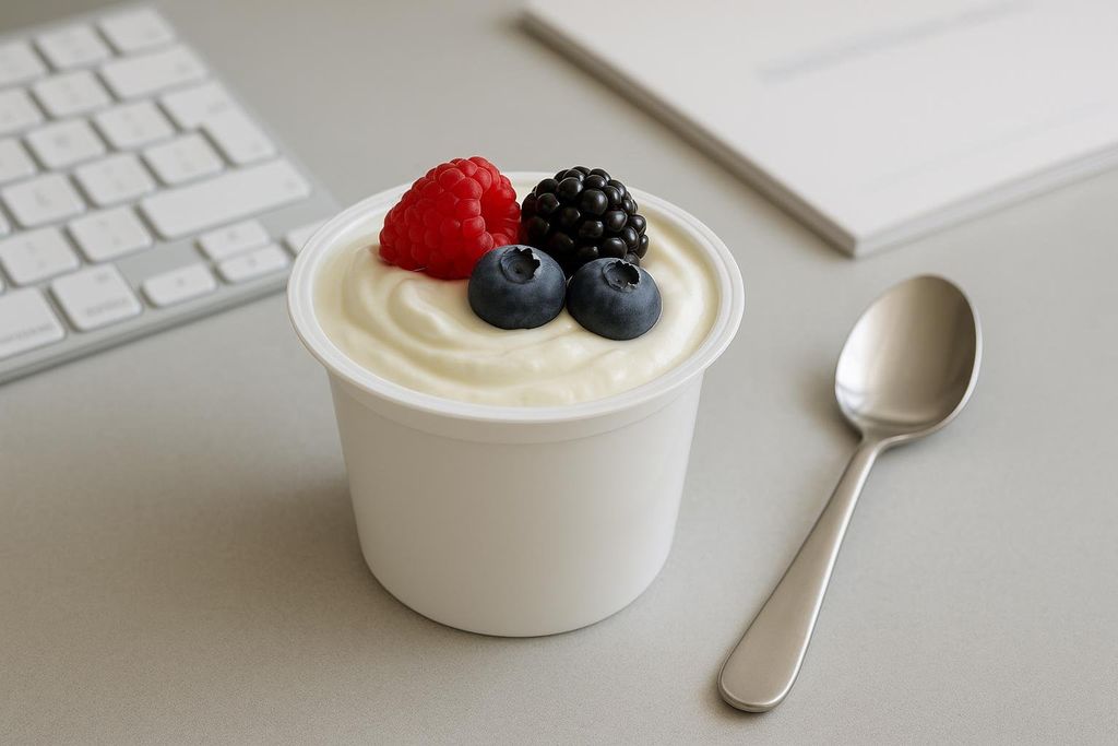 A white single-serve cup of Greek yogurt topped with a raspberry, a blackberry, and two blueberries, sits on a gray office desk next to a silver spoon. A computer keyboard and a white notebook are visible in the blurred background.