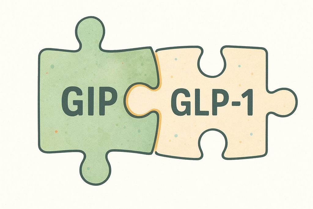 Two puzzle pieces fit together: a green piece labeled 'GIP' and a beige piece labeled 'GLP-1'. The image represents the connection between GIP and GLP-1 receptors.