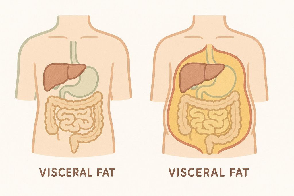Illustration comparing visceral fat levels in a healthy person and a person with excess fat, showing the liver, stomach, and intestine.