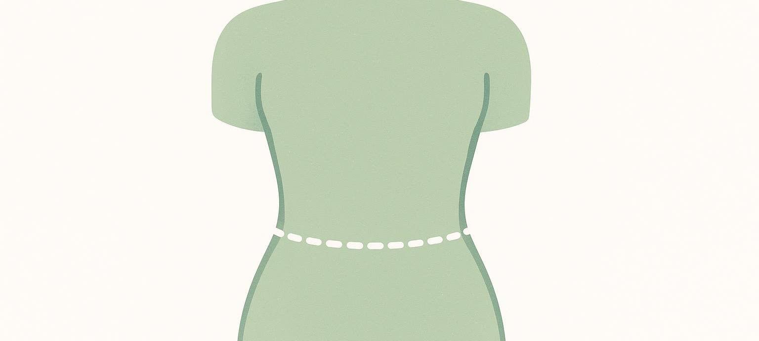 A minimalist illustration of a human torso, colored light green, with a dotted white line indicating the proper placement for measuring waist circumference. The line is positioned at the narrowest part of the torso.