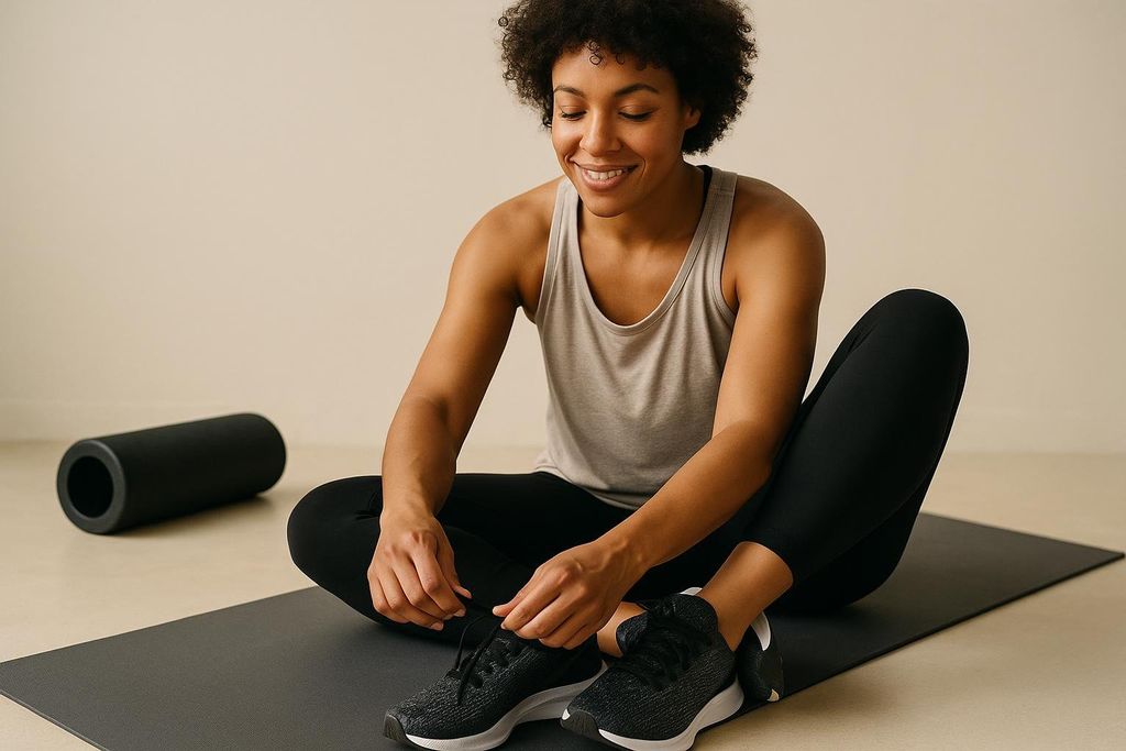 A smiling woman with dark curly hair, wearing a grey tank top and black leggings, sits cross-legged on a black yoga mat. She is lacing up her black running shoes. A black foam roller rests on the floor beside the mat to her left.