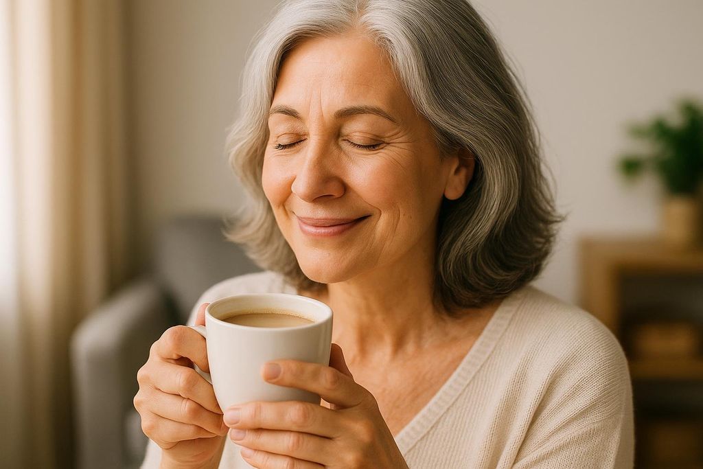 A mature woman with gray hair, eyes closed, smiling peacefully as she holds a white mug of coffee. She wears a cream-colored sweater.