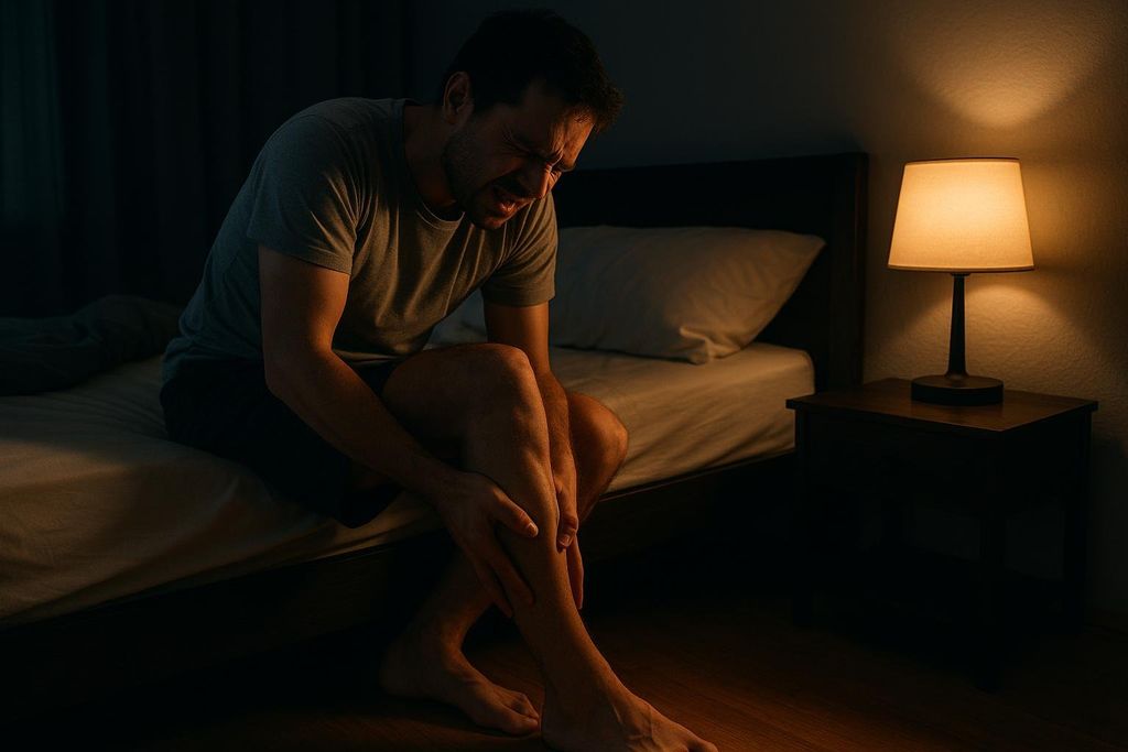 A man in a t-shirt and shorts sits on the edge of his bed in a dimly lit room, clutching his lower leg in pain, presumably from a leg cramp. A bedside lamp casts a warm glow on the wall.