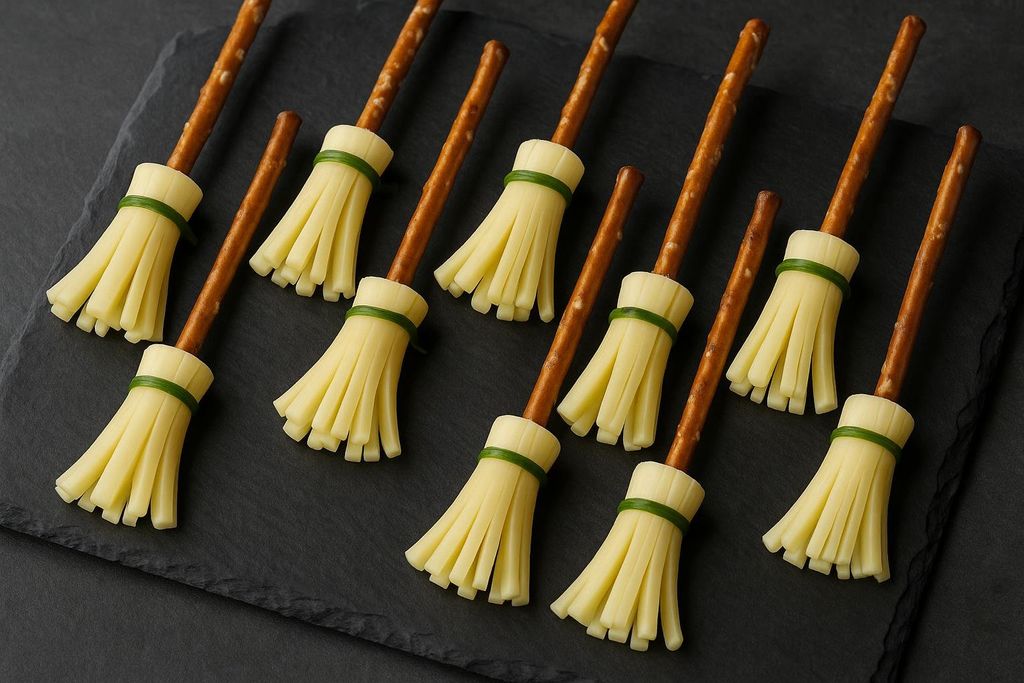Savory Halloween snacks that look like witch broomsticks, made from cheese sticks and pretzels, arranged on a slate tray. Each broomstick features a pretzel stick handle, shredded cheese broom bristles, and a green chive or herb tie.