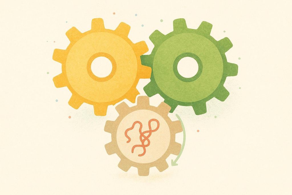 An illustration showing three interlocking gears. A yellow gear (Vitamin D) and a green gear (Vitamin K) turn a beige gear, which has a squiggly red line inside, representing activated proteins. A green arrow indicates the direction of rotation. This visual metaphor illustrates how Vitamin D and Vitamin K work together to activate body proteins.
