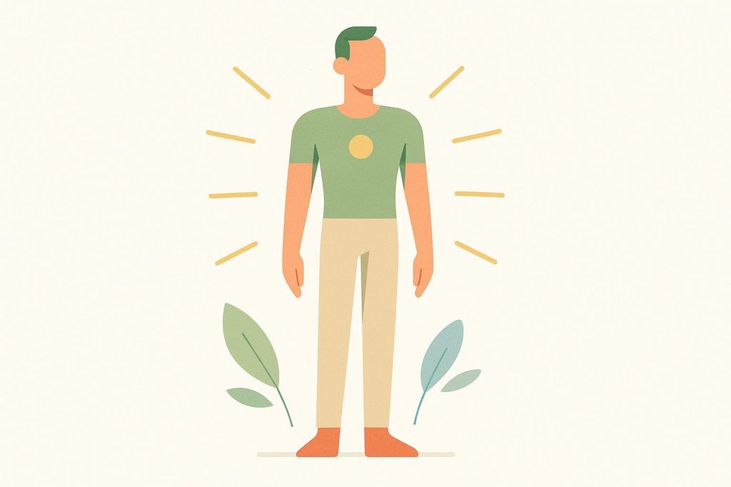 An abstract illustration of a figure with perfect upright posture and balance, radiating light, surrounded by leaves. The figure has a faceless head, a green shirt with a yellow circle on the chest, and light brown pants. The radiating lines suggest vitality or well-being.