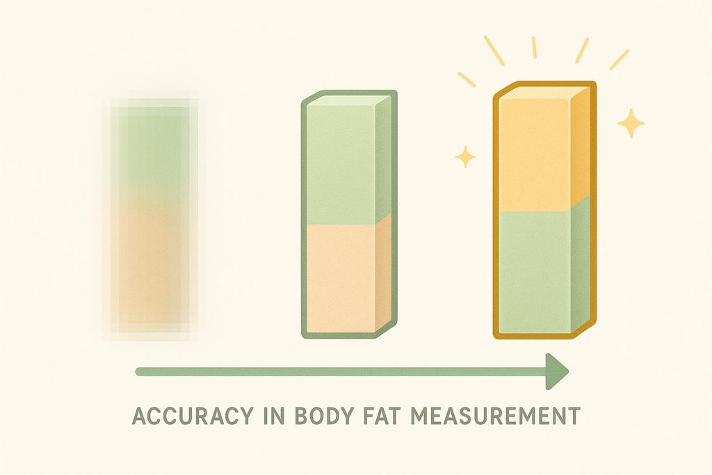 An abstract illustration depicting three rectangular bars, showing increasing clarity from left to right, with an arrow below pointing right and text stating 'ACCURACY IN BODY FAT MEASUREMENT'. This visually represents varying levels of accuracy in body fat measurement tools, with the clearest bar highlighted with sparkles to signify the most accurate.