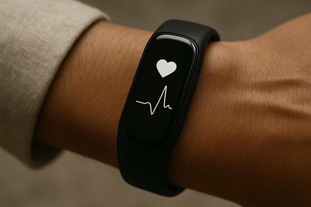 A close-up of a black fitness tracker on a wrist, displaying a bright white heart rate graph with a sharp upward spike, indicating increased cardiovascular activity or strain.