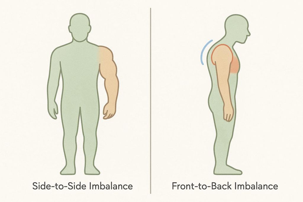 Diagram illustrating two types of muscle imbalance: 'Side-to-Side Imbalance' showing a person with one arm more developed, and 'Front-to-Back Imbalance' showing a person with rounded shoulders and a prominent chest, indicating stronger front muscles.