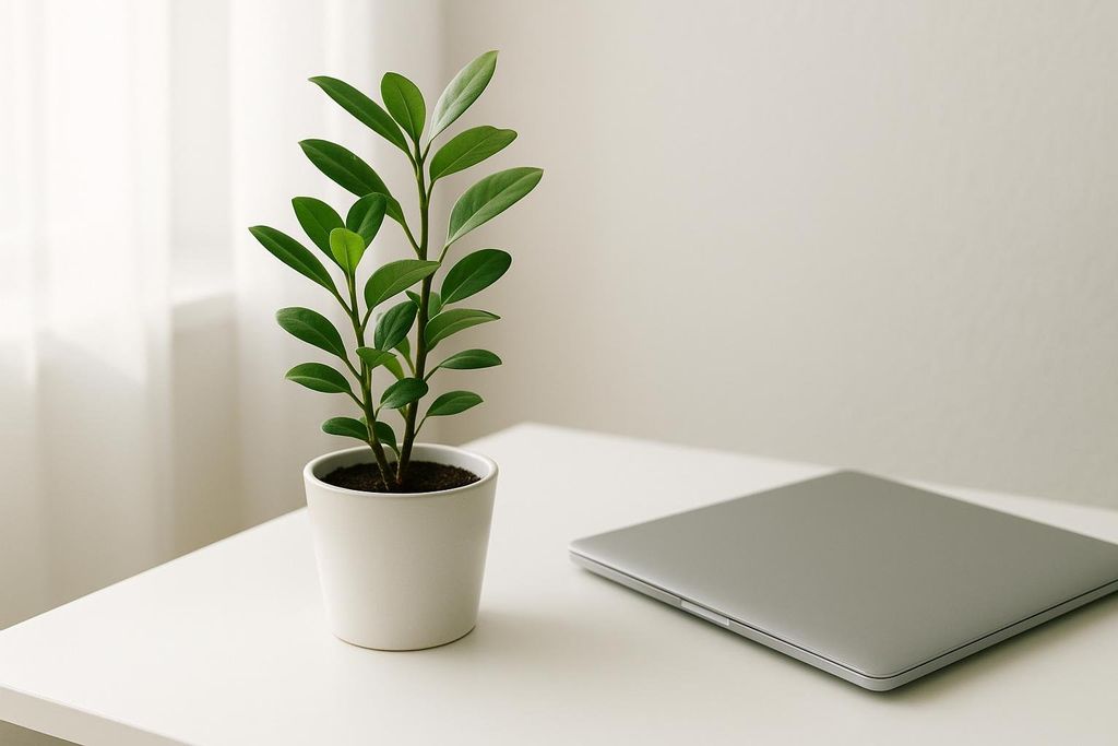 A small potted green plant sits on a clean, white desk next to a closed silver laptop, with a blurred white curtain in the background.