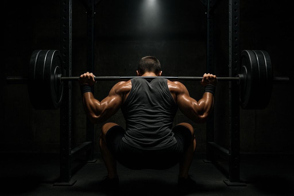 A strong, muscular male athlete is shown from behind, at the bottom of a heavy barbell back squat. His back muscles and arms are well-defined as he holds the barbell across his upper back. The image has dramatic lighting, highlighting the athlete and the barbell against a dark background in a gym setting.
