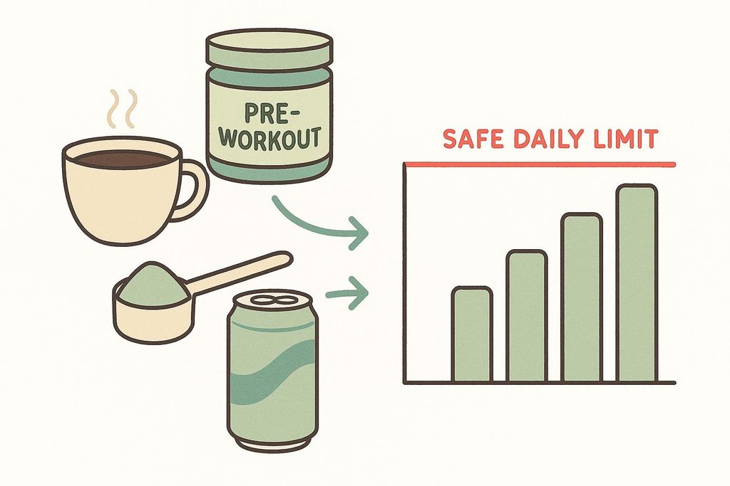 An infographic showing various sources of caffeine including coffee, pre-workout powder, and an energy drink can, with arrows pointing to a bar graph that accumulates towards a 'SAFE DAILY LIMIT' line, illustrating how daily caffeine intake adds up.