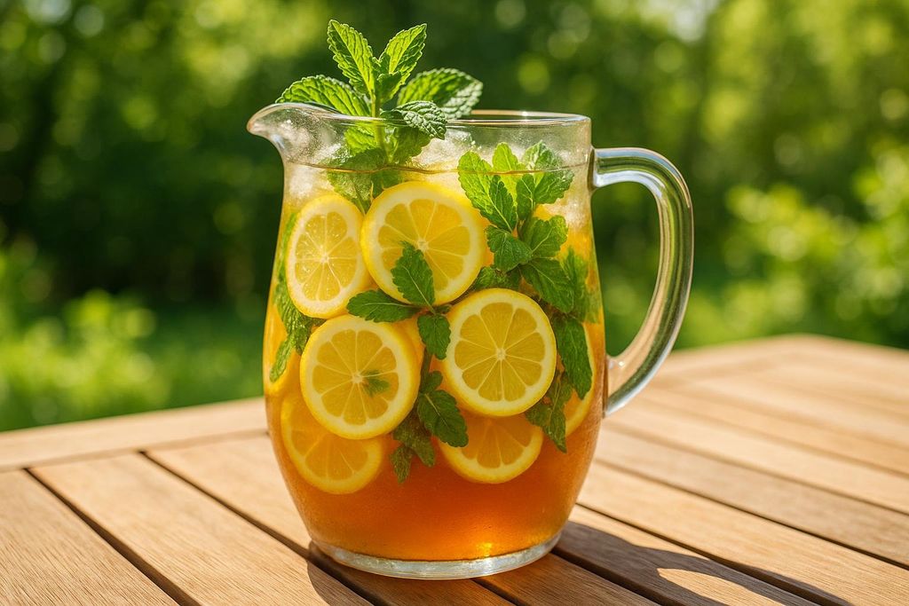 A glass pitcher of iced tea with fresh lemons and mint sprigs outside in the sun.