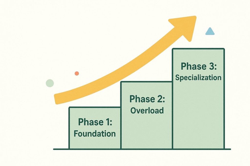 A graphic depicting a three-phase training progression using a bar chart: Phase 1: Foundation (smallest bar), Phase 2: Overload (medium bar), and Phase 3: Specialization (largest bar). A yellow arrow curves upwards from left to right, indicating progression and growth.