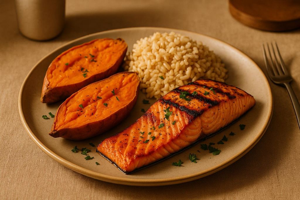 A close-up shot of a nutritious meal featuring a grilled salmon fillet with grill marks, two halved baked sweet potatoes, and a portion of brown rice, garnished with chopped herbs, on a beige ceramic plate.