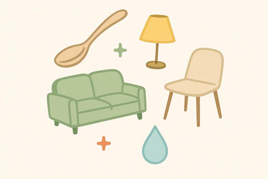 Minimalist graphic showing a wooden spoon, a green sofa, a yellow lamp, a beige chair, and a blue water drop against a light background.