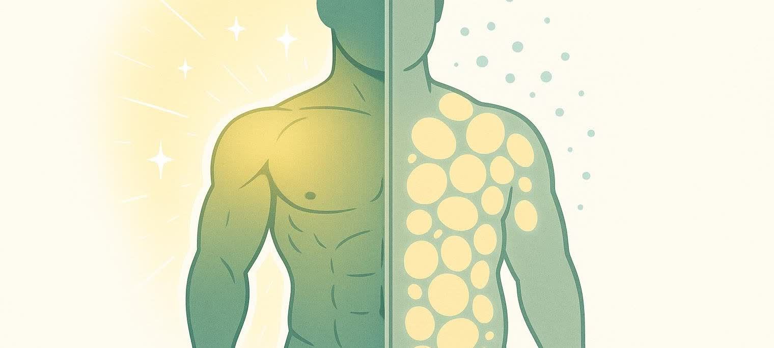An illustration of a person's body split in half. The left side shows a muscular physique with a glowing aura, representing a person with low body fat. The right side shows a body with yellow circles inside, symbolizing fatty tissue, depicting a person with higher body fat. This image conveys a transformation from fat to muscle.