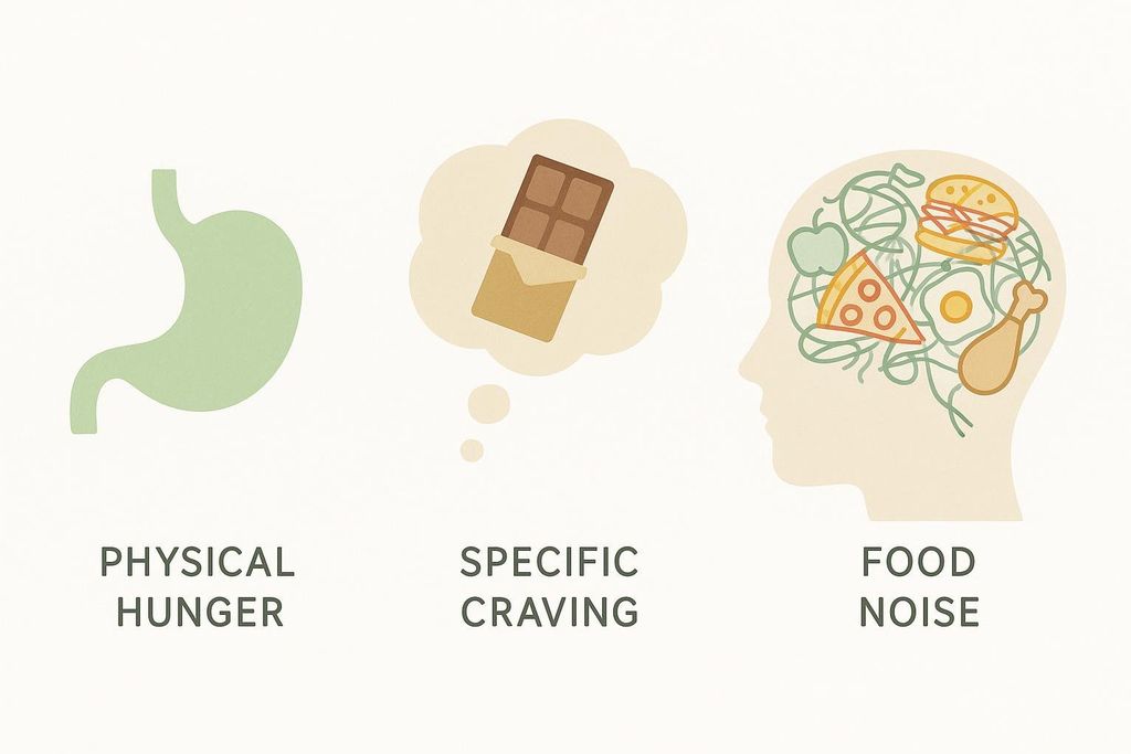 A diagram comparing physical hunger (represented by a stomach icon), a specific craving (a thought bubble with a chocolate bar), and food noise (a head outline filled with chaotic thoughts of various foods like pizza, a burger, and an apple).