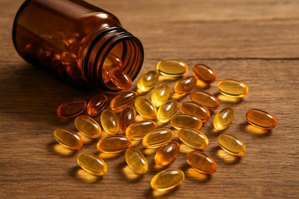 An amber glass bottle lies on its side on a wooden surface, with numerous golden-yellow and orange gel vitamin capsules spilled out and scattered around it.