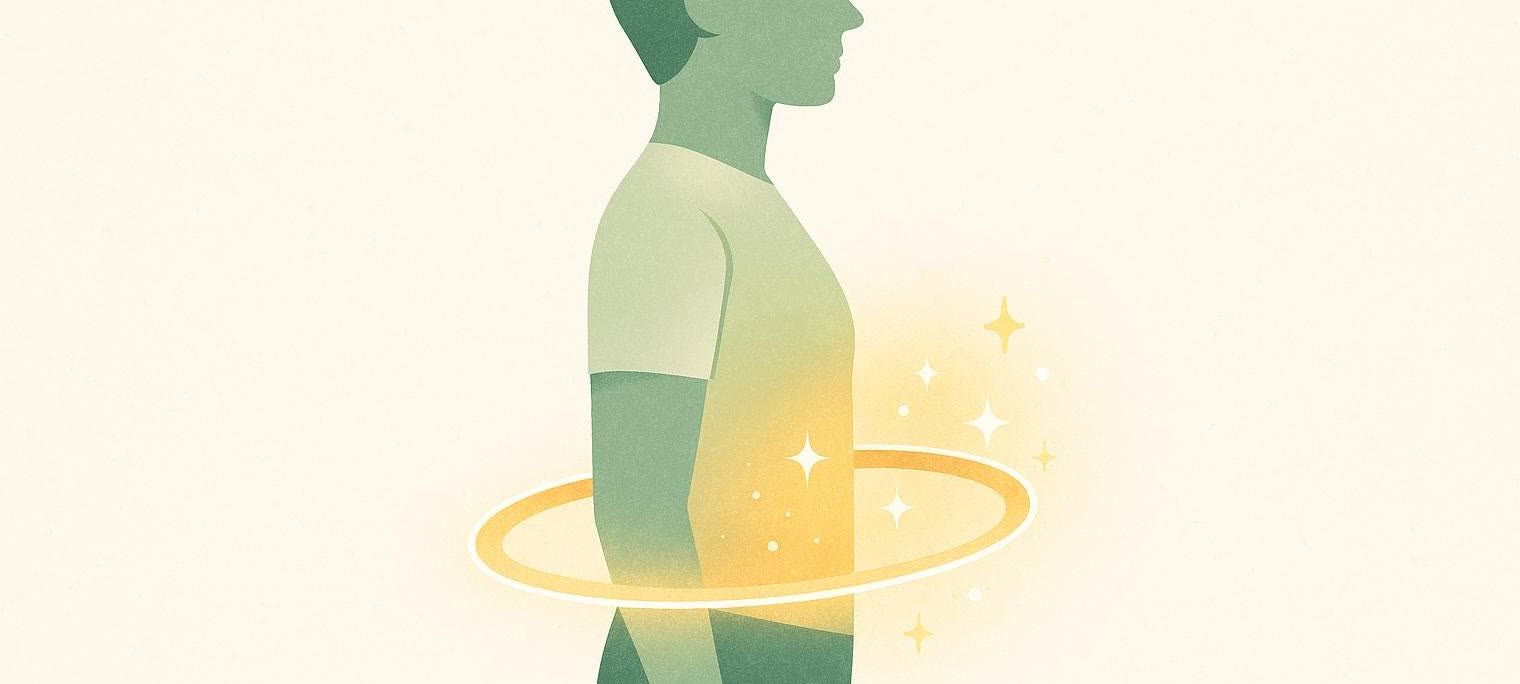 Illustration of a person's torso with a glowing ring around their waist and sparkling effects, symbolizing core muscle engagement while using a weighted hoop. The colors are muted green and yellow.