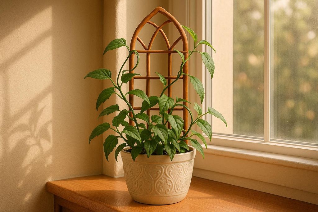 A potted Gynura procumbens plant growing on a small indoor trellis by a sunny window.