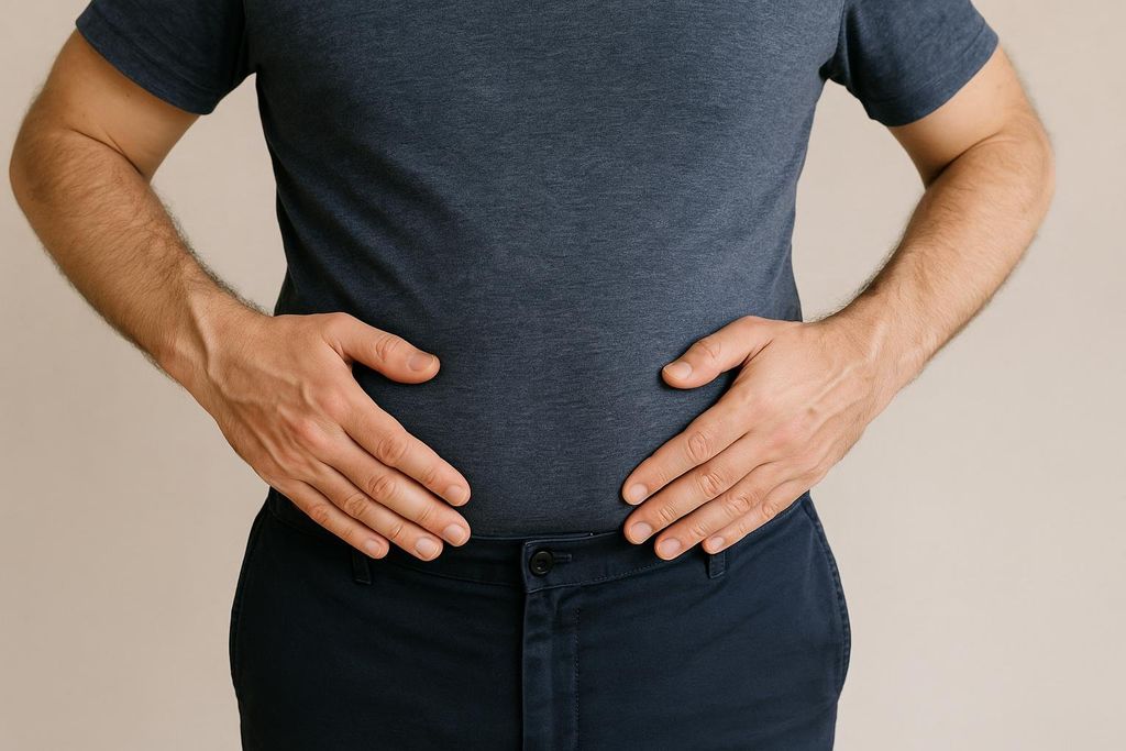 Close-up of a man's hands placed correctly on his waist, just above his hip bones, demonstrating where to measure circumference.