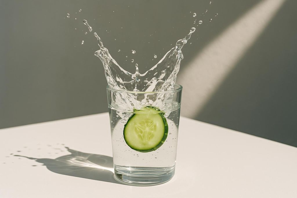 A slice of cucumber is dropping into a glass of water, causing a dynamic splash with many droplets suspended in the air. The scene is brightly lit with a harsh shadow visible, suggesting strong sunlight.