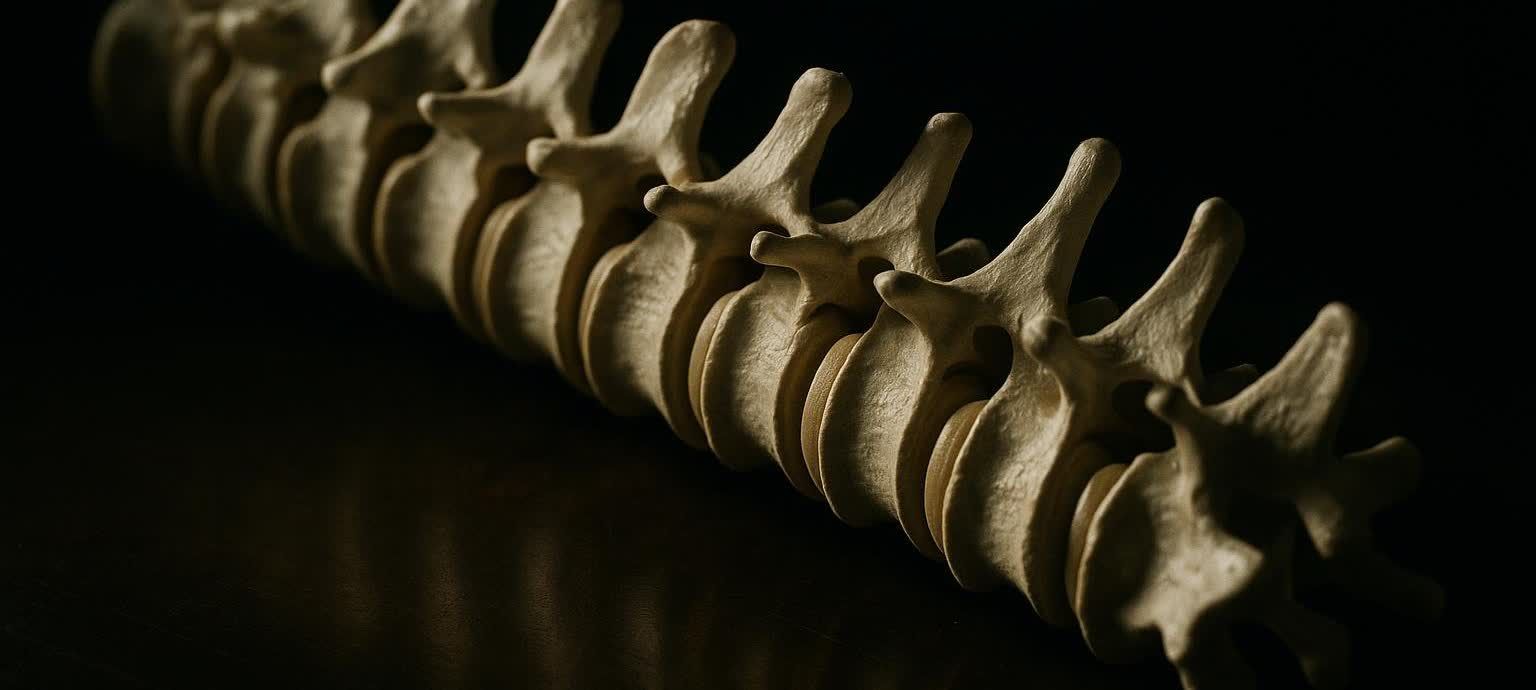 Dramatic close-up of a human spine model, highlighting the theme of bone health and skeletal integrity.