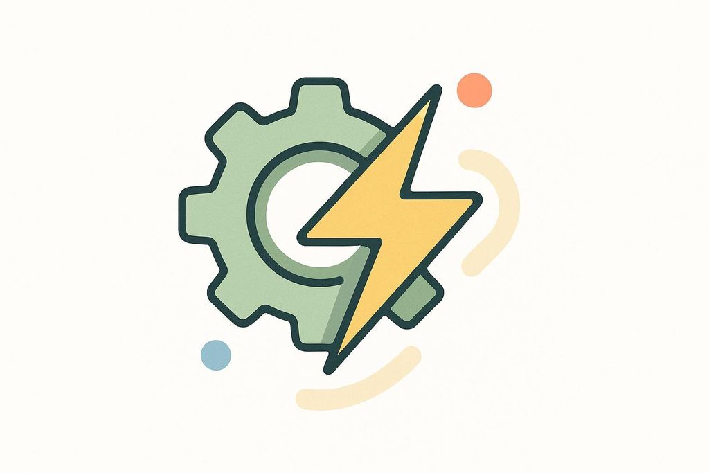 An icon depicting a green gear with a yellow lightning bolt passing through it, symbolizing power or efficiency. There are also abstract blue, orange, and yellow dots and lines around the main icon, on a light background.