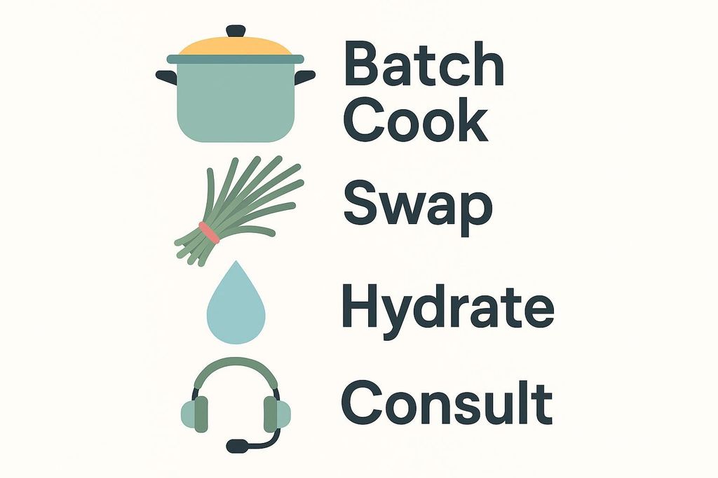 Four icons of a cooking pot, chives, water droplet, headset each labeled Batch Cook, Swap, Hydrate, Consult.