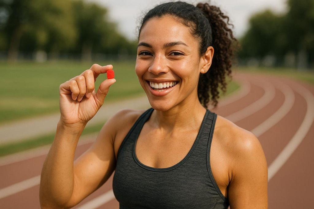 A smiling, active woman with curly hair, wearing a dark gray sports bra, holding up a small red gummy supplement, with a running track visible in the background.