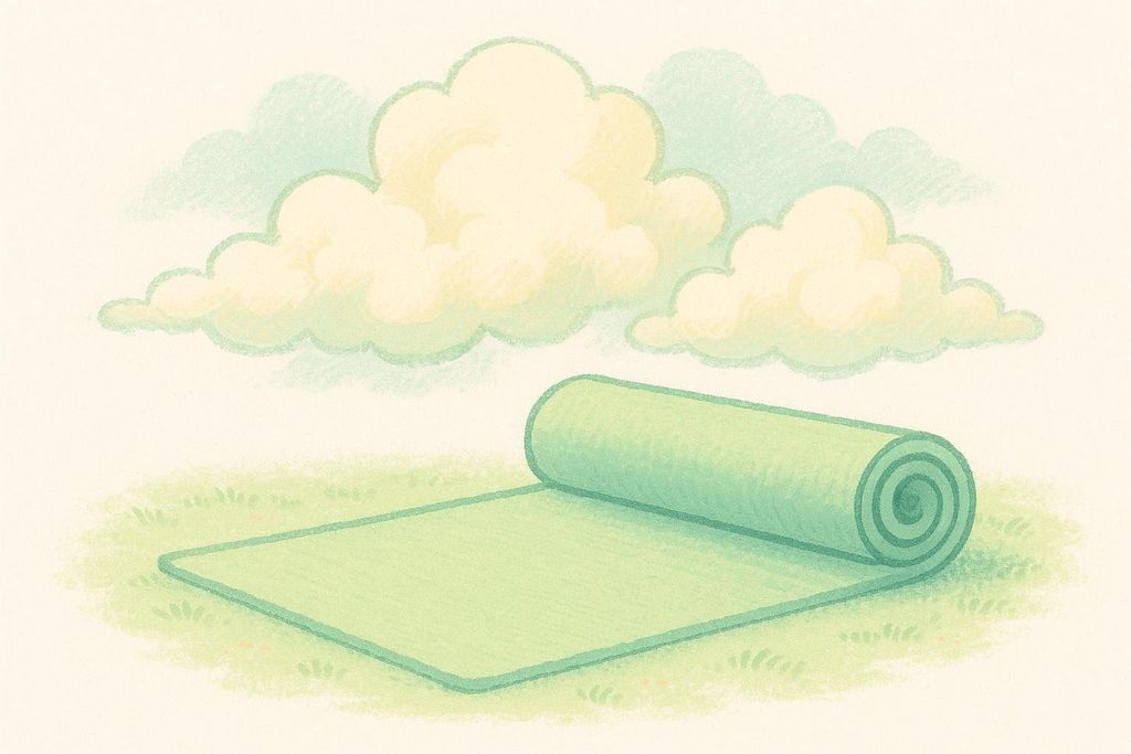 An illustration of a partially unrolled green yoga mat lying on grass beneath white and yellow fluffy clouds. The image suggests a peaceful setting for yoga or meditation.