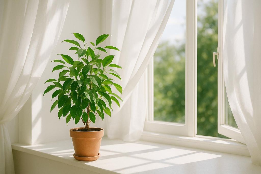 A potted plant with vibrant green leaves sits on a white windowsill. The window is open, revealing green foliage outside, and white sheer curtains frame the window, with sunlight casting shadows on the sill.