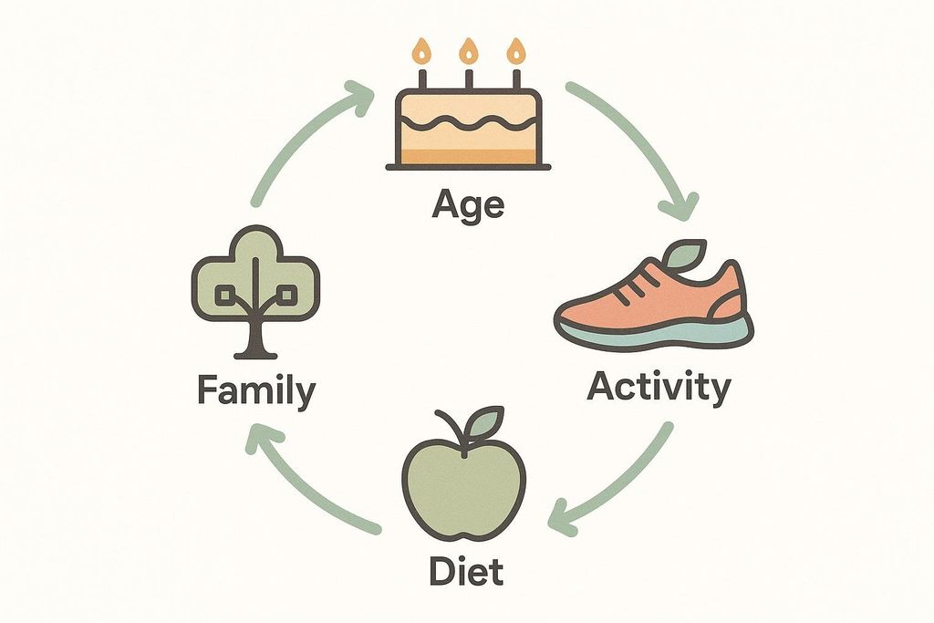 Four icons arranged in a circle with arrows showing connections. The icons represent Age (birthday cake), Activity (running shoe), Diet (apple), and Family (tree).