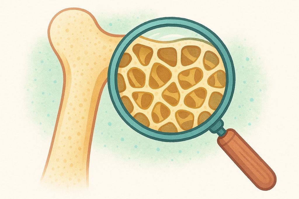 An illustration showing a cross-section of a bone, with a magnifying glass held over a portion of it. The magnifying glass reveals a detailed view of the bone's internal structure, characterized by a dense, porous network of trabeculae, indicating strong bone density.