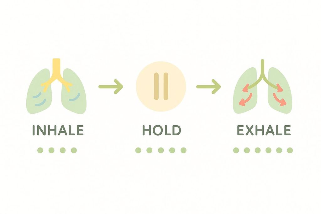 An infographic demonstrating the 4-7-8 breathing technique. On the left, lungs with four dots below them and the word 'INHALE' indicate a 4-count inhale. In the middle, a pause symbol with seven dots and the word 'HOLD' indicates a 7-count hold. On the right, lungs with curved arrows indicating air leaving, followed by eight dots and the word 'EXHALE', indicate an 8-count exhale.