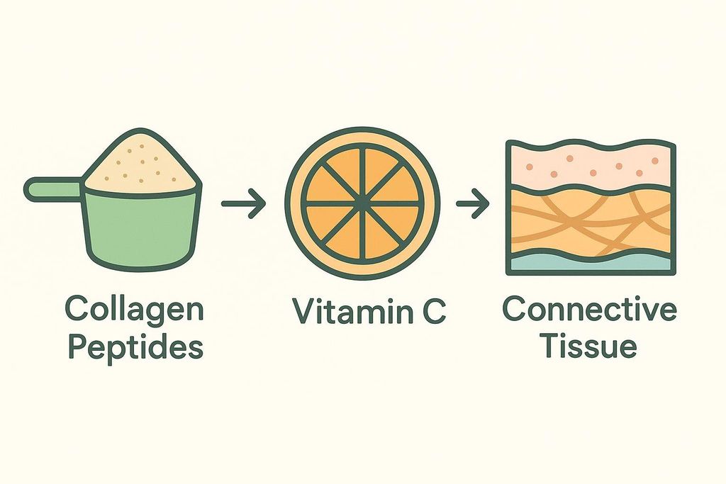 A vector illustration showing a collagen peptides scoop and a vitamin C orange icon connected by an arrow to an icon representing connective tissue. The accompanying text labels are 'Collagen Peptides', 'Vitamin C', and 'Connective Tissue'.