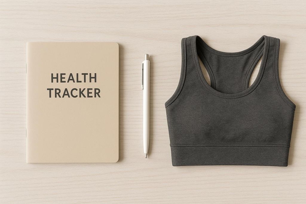 A flat lay of health tracking tools: a beige notebook titled 'HEALTH TRACKER', a white pen, and a dark grey sports bra, all laid out on a light wooden surface.