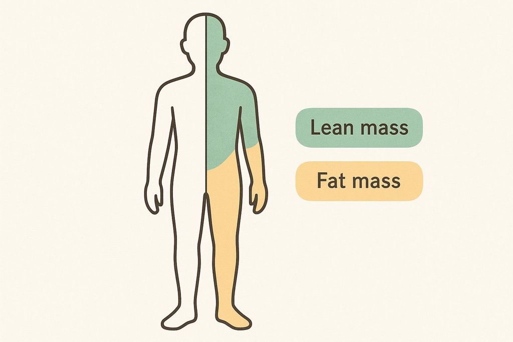 Split human silhouette showing color-coded regions for lean mass and fat mass, representing precise body composition analysis. Labels are present for 'Lean mass' and 'Fat mass'.