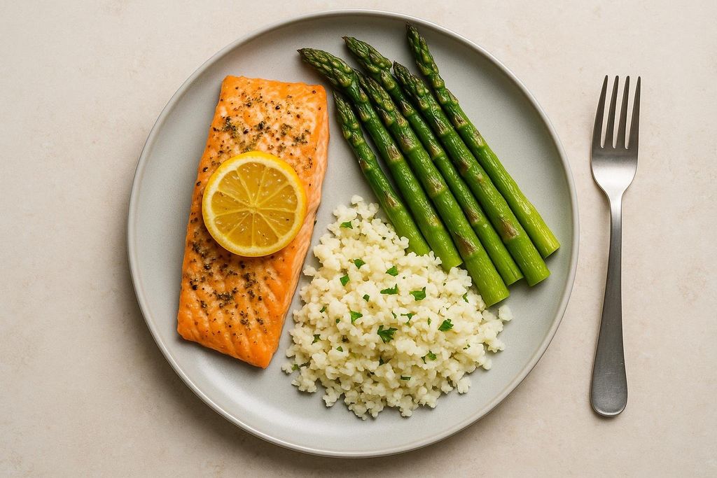 A plate of baked salmon with a lemon slice, a serving of bright green asparagus spears, and a portion of white cauliflower rice with specks of parsley. A silver fork is placed next to the plate.