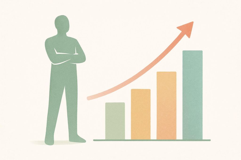 An illustration of a green silhouette of a person with crossed arms standing next to an upward-trending bar chart with an orange arrow indicating progress. The bars are green, yellow, and blue, representing increasing values.