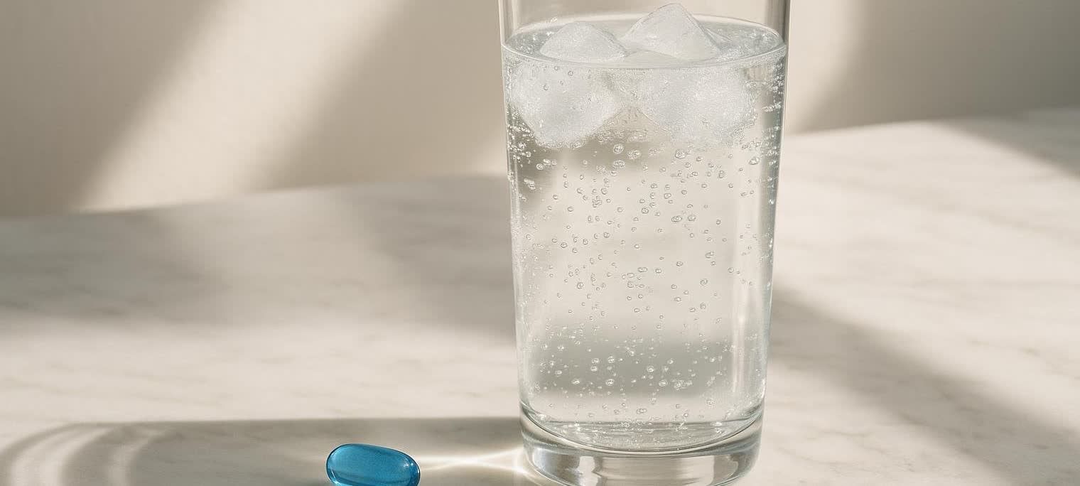 A single blue capsule next to a glass of sparkling water