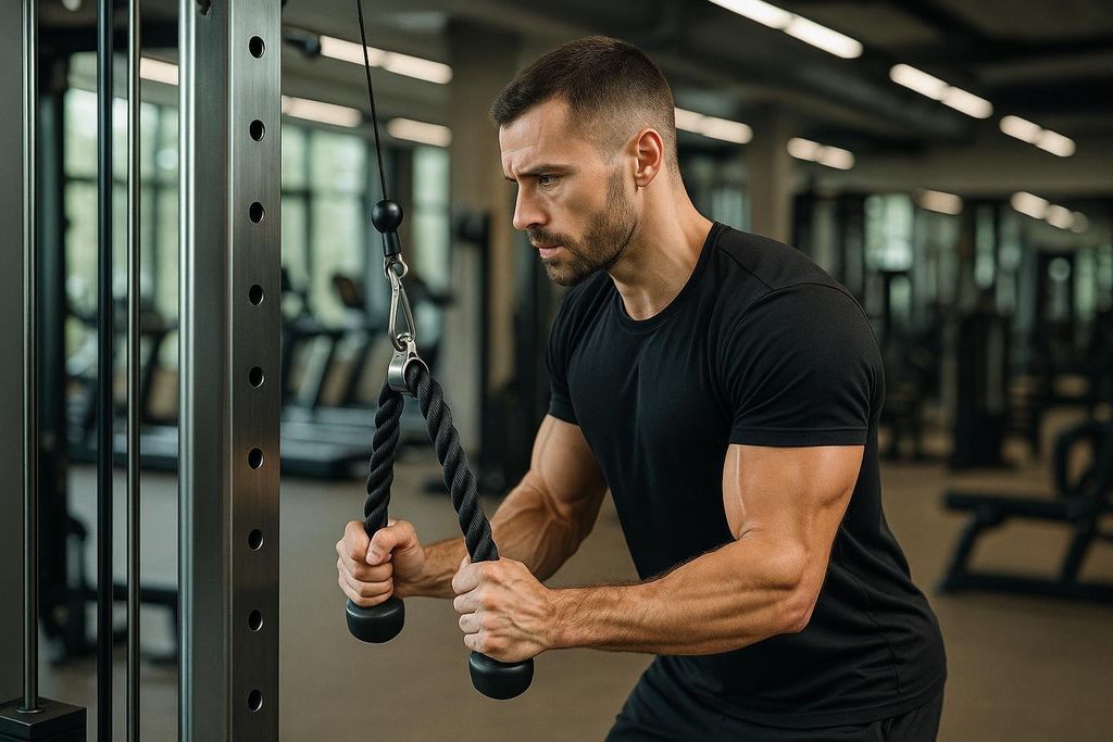 A man in a black t-shirt is performing a cable triceps pushdown exercise with a rope attachment in a gym.