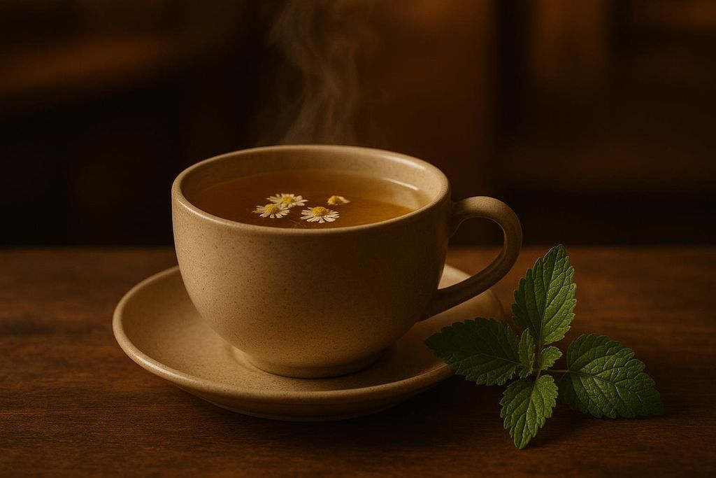 A close-up shot of a steaming cup of chamomile tea, garnished with chamomile flowers, on a saucer. A fresh sprig of lemon balm rests beside the cup on a dark wooden surface. The background is dimly lit and blurred.