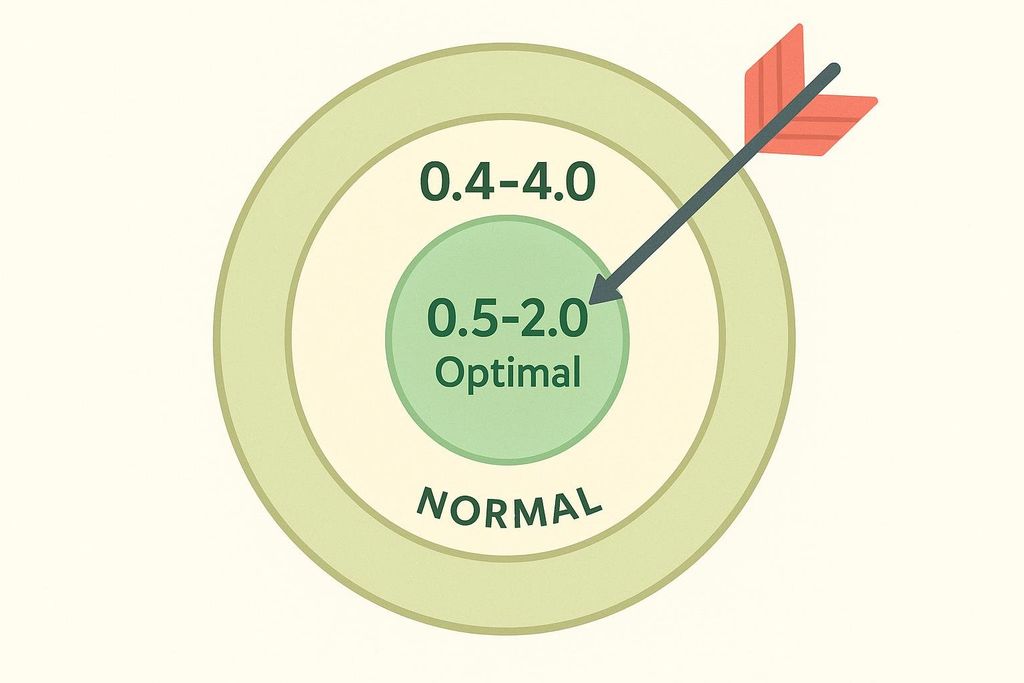 A bullseye target graphic illustrates the difference between 'normal' (0.4-4.0) and 'optimal' (0.5-2.0) TSH ranges, with an arrow striking the optimal center.
